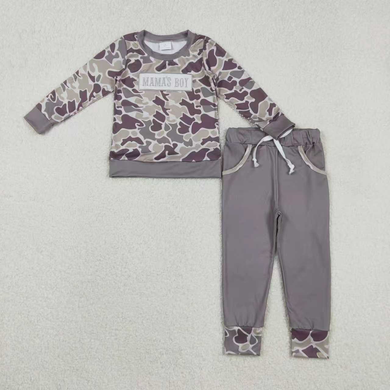Sibling Baby Boys Embroidery Mama's Boy Grey Camo Pockets Pants Clothes Sets Hoodie Romper C12.1