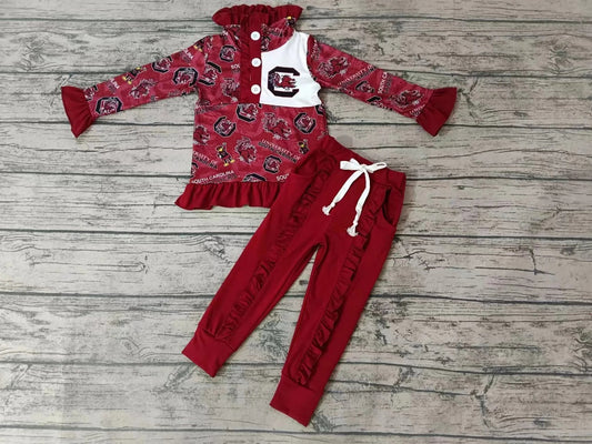 Baby Girls Dark Red Teams Pullovers Shirts Top Ruffle Pants Clothes Sets preorder(moq 3)