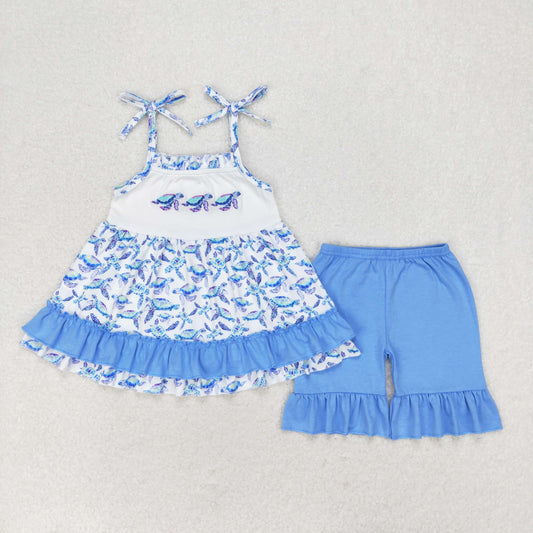 GSSO1241 Embroidered turtle blue lace white halter shorts set