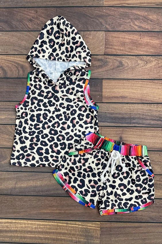 BSSO0060 Boy leopard print sleeveless hooded shorts suit