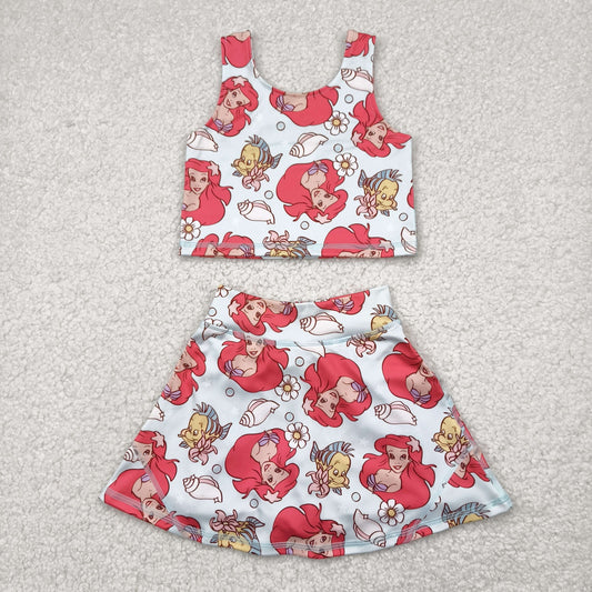 GSD2354 Baby Girls Sleeveless Cartoon Mermaid Fishes Top Skort Yoga Set  4.24