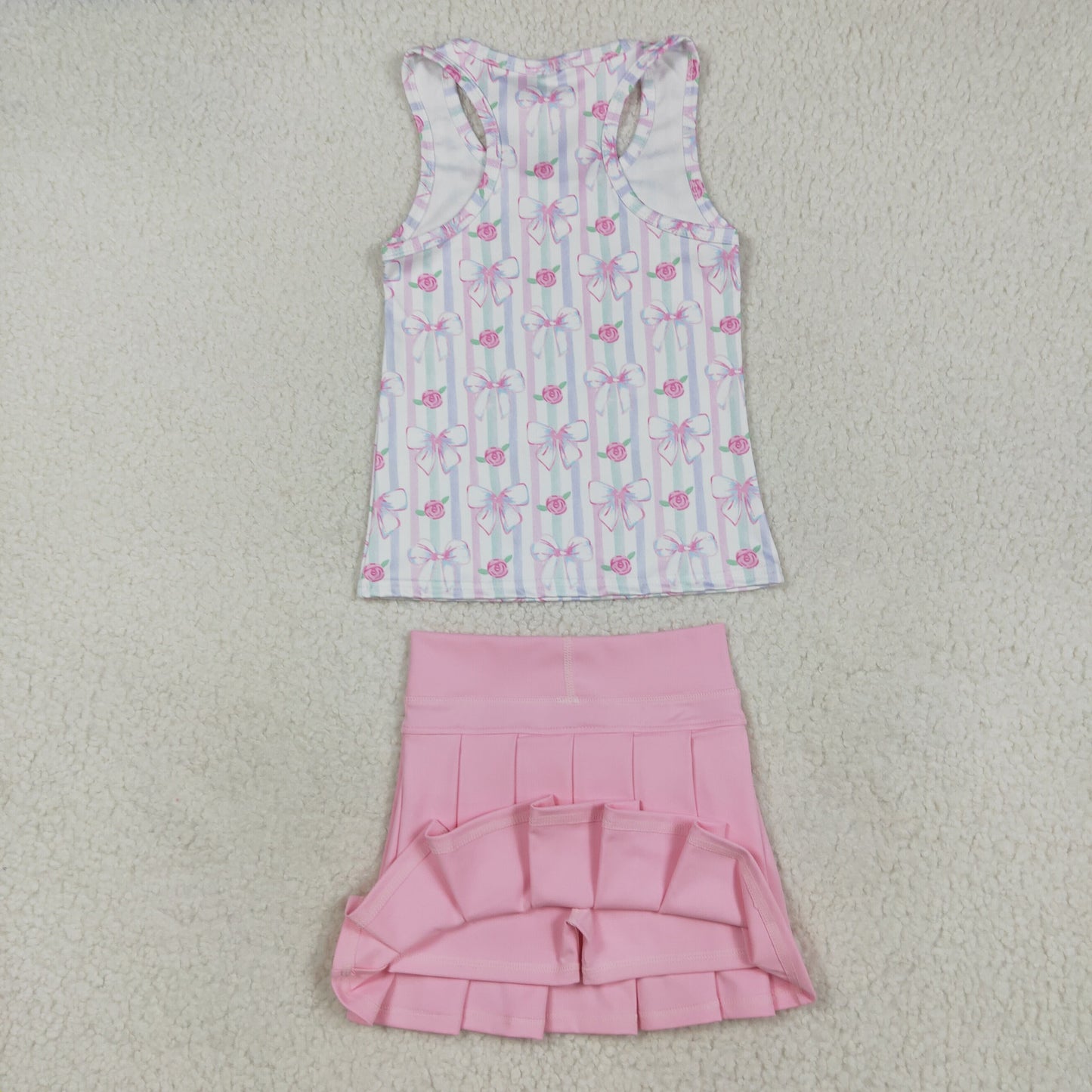 GT1014+GLK0088 Baby Girls Pink Sleeveless Flowers Bows Top Pleated Skirts Yoga Set 7.30