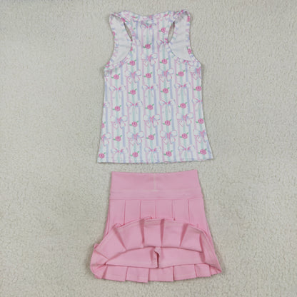 GT1014+GLK0088 Baby Girls Pink Sleeveless Flowers Bows Top Pleated Skirts Yoga Set 7.30