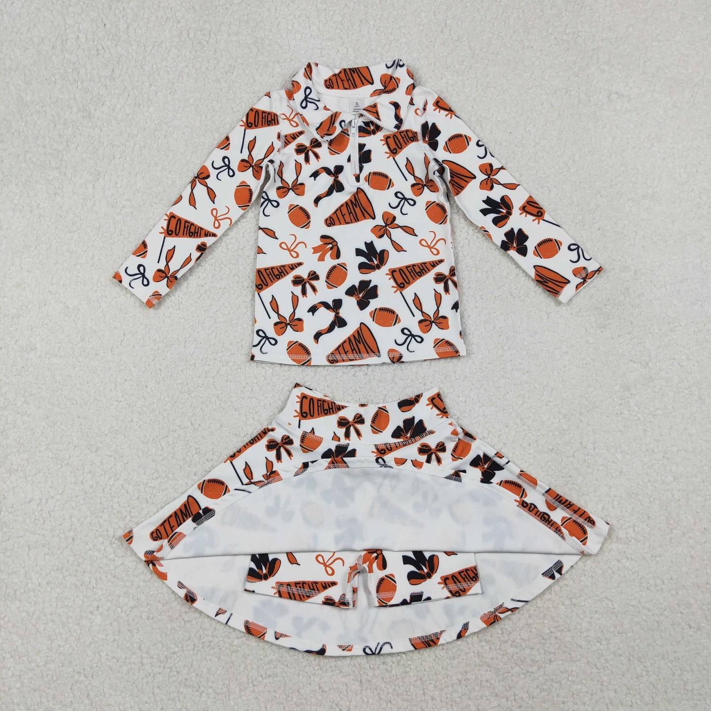 GLD1285 Baby Girls Orange Black Bows Go Team Yoga Zipper Pullovers Skorts Clothes Set C10.23