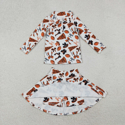 GLD1285 Baby Girls Orange Black Bows Go Team Yoga Zipper Pullovers Skorts Clothes Set C10.23