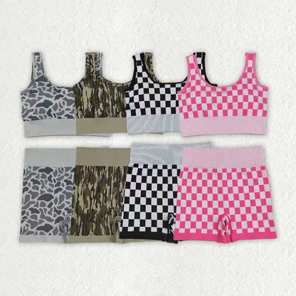 Sibling Adult Women Checkered Camo Crop Bra Top Shorts Yoga Outfits Sets C9.5