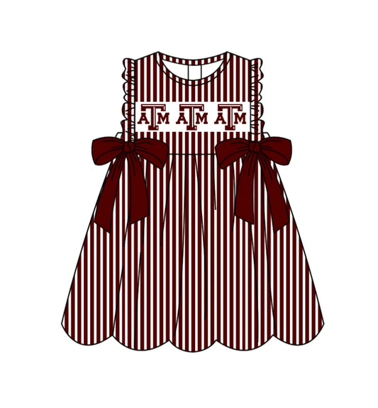 C11.28 Custom Moq 5 Baby Girls Sleeveless Dark Red Stripe ATM Bows Team Knee Length Dresses