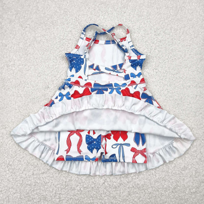 GSD2345 Baby Girls Strap Blue Red Bows 4th Of July Active Knee Length Dress 5.8