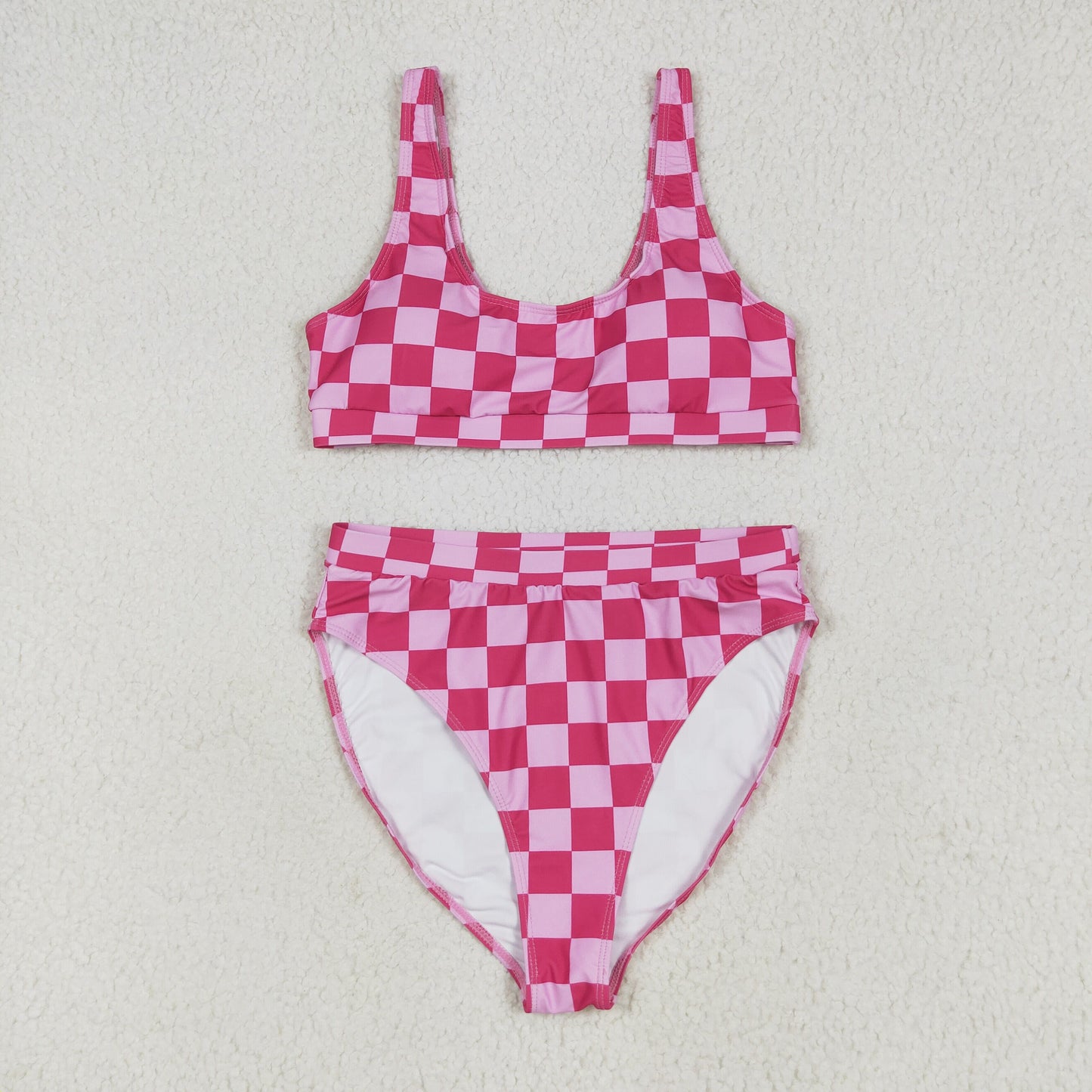 S0555 Adult Women Hot Pink Plaid Vest Top Bottom Swimsuits Set 6.13