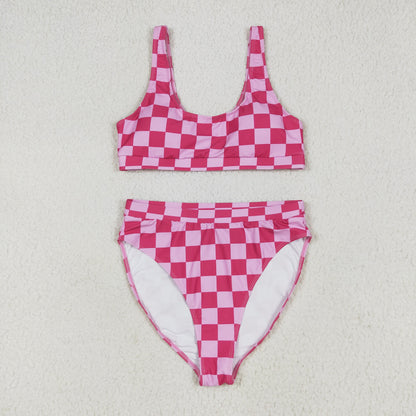 S0555 Adult Women Hot Pink Plaid Vest Top Bottom Swimsuits Set 6.13