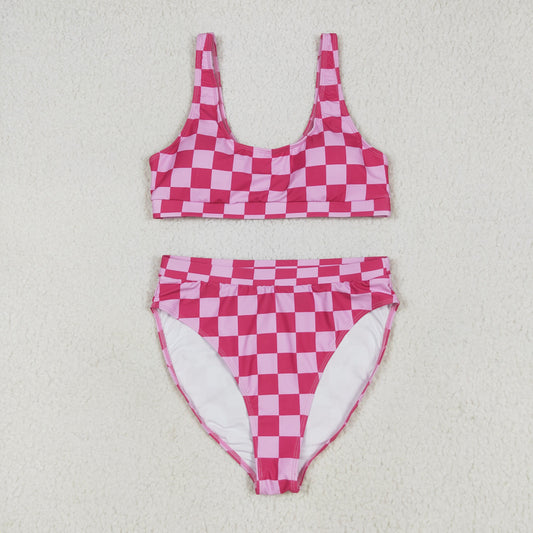 S0555 Adult Women Hot Pink Plaid Vest Top Bottom Swimsuits Set 6.13