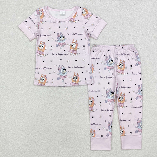 GSPO1697 Baby Girls Pink Cartoon Dogs Top Pants Pajamas Clothes Set