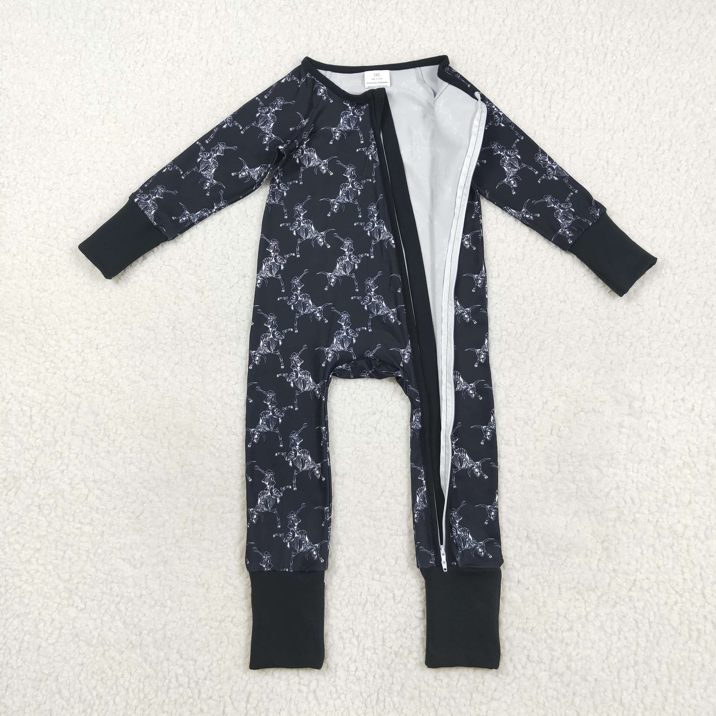 LR2466 Baby Boys Long Sleeves Black Horse Rodeos Zipper Pant Romper C8.23