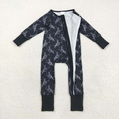 LR2466 Baby Boys Long Sleeves Black Horse Rodeos Zipper Pant Romper C8.23