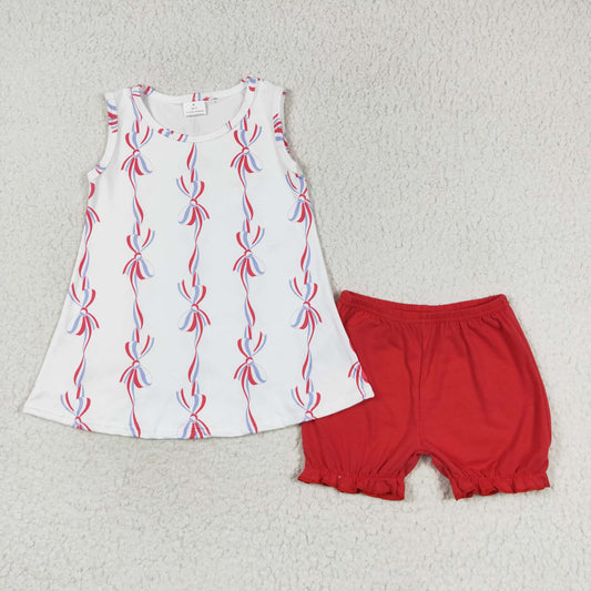 GSSO1199 4th of July National Day bow design white sleeveless red shorts suit