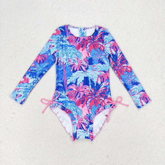 S0377 Tree forest pattern blue zipper long-sleeved one-piece swimsuit