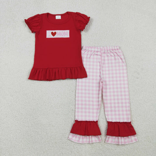 GSPO2071 Embroidery Baby Girls I Love Mom Top Pink Checked Ruffle Pants Clothes Set C10.25