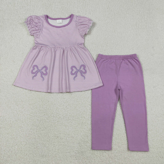 GSPO2153 Embroidery Bows Baby Girls Lavender Stripe Tunic Leggings Pant Clothes Set C12.9