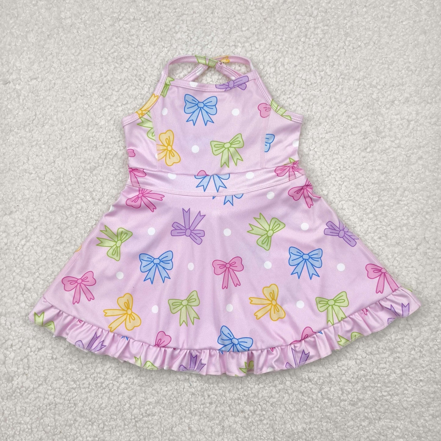 GSD2294 Baby Girls Pink Strap Colorful Bows Polka Dots Yoga Ruffle Knee Length Dress 4.24