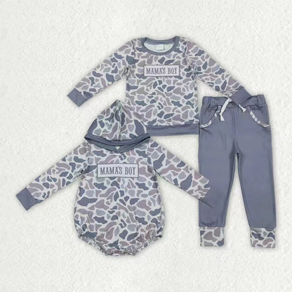 Sibling Baby Boys Embroidery Mama's Boy Light Grey Camo Pockets Pant Clothes Sets Hoodie Romper C12.1