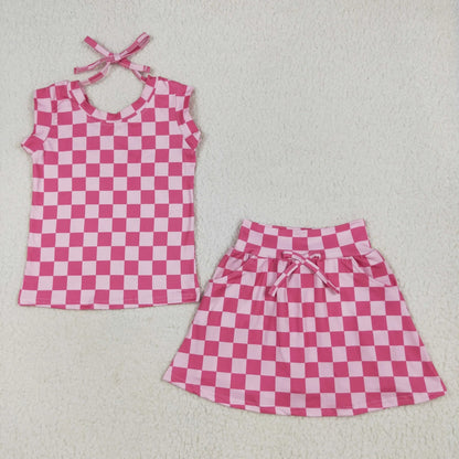 Sibling Baby Girls Pink Sleeveless Flowers Plaid Shirts Top Skorts Clothes Sets 6.20