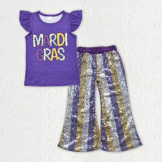 GT0814+P0276 Baby Girls Mardi Gras Top Grey Stripes Sequin Pants Clothes Set