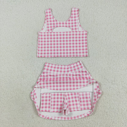 GSD2786 Baby Girls Sleeveless Pink Checked Vest Top Skorts Yoga Activity Set 8.12