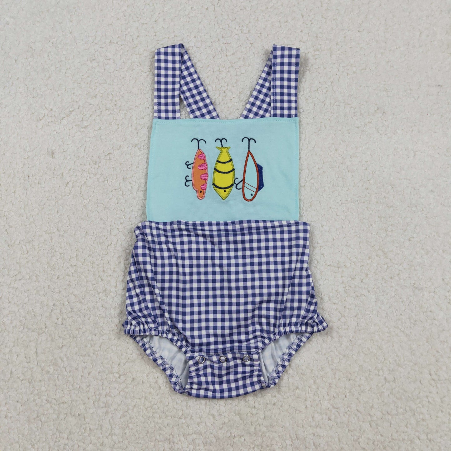 SR3413 Embroidery Fishing Baby Boys Checked Strap Hunting Romper C12.11