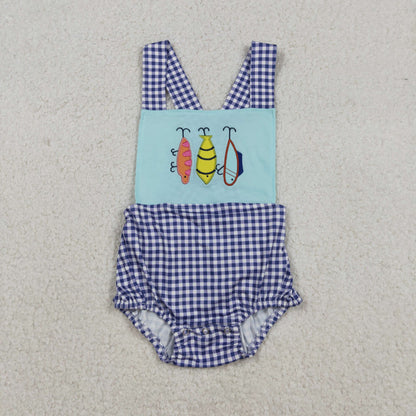 SR3413 Embroidery Fishing Baby Boys Checked Strap Hunting Romper C12.11