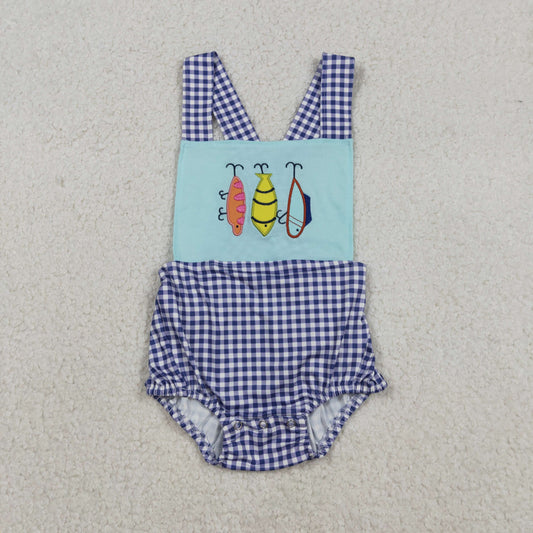 SR3413 Embroidery Fishing Baby Boys Checked Strap Hunting Romper C12.11