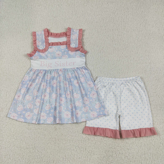 GSSO2350 Baby Girls Sleeveless Pink Floral Big Sister Tunic Polka Dots Short Set 6.10