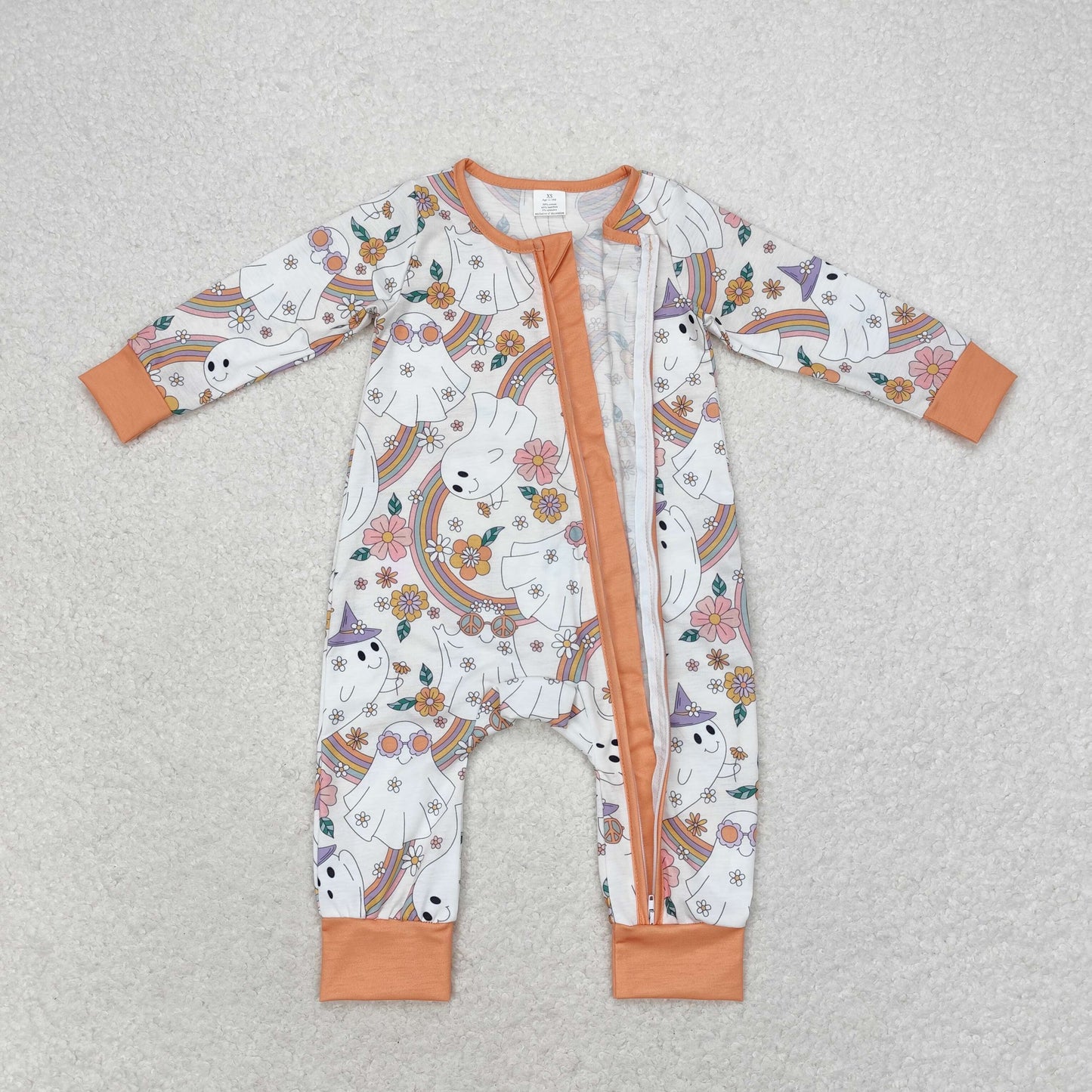 LR0980 Bamboo Halloween Rainbow Ghost Flower Orange zip-up long sleeve onesie