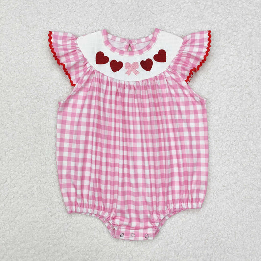 SR2214 Baby Infant Girls Valentines Hearts Bow Checkered Smocked Romper