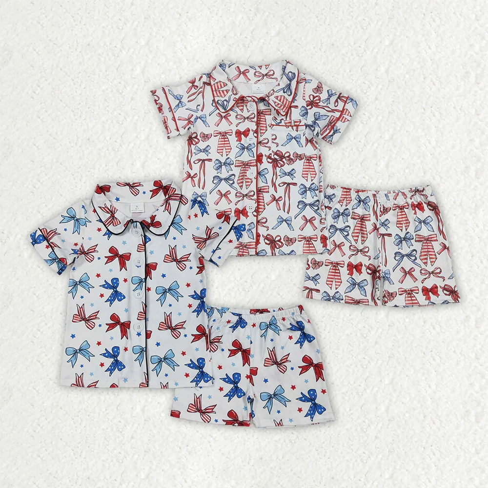 Sibling Baby Girls Bows Button Top Short 4th Of July Pajamas Sets 5.17