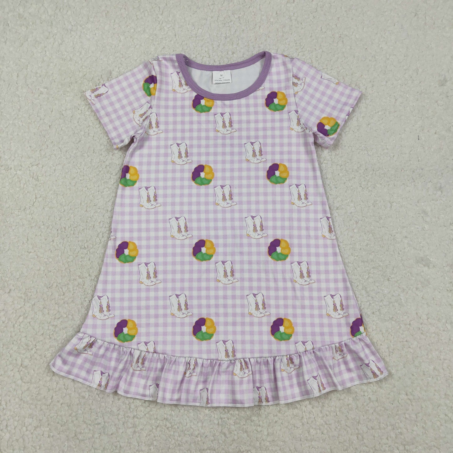 GSD2900 Baby Girls Mardigras Boots Donuts Checked Ruffle Knee Length Dress C12.9