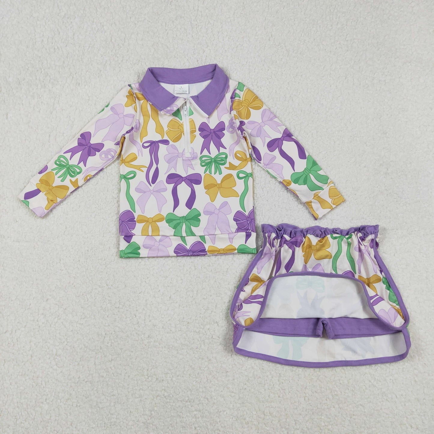GLD1333 Baby Girls Bows Checked Zipper Pullover Ruffle Skorts Mardigras Clothes Set C11.12