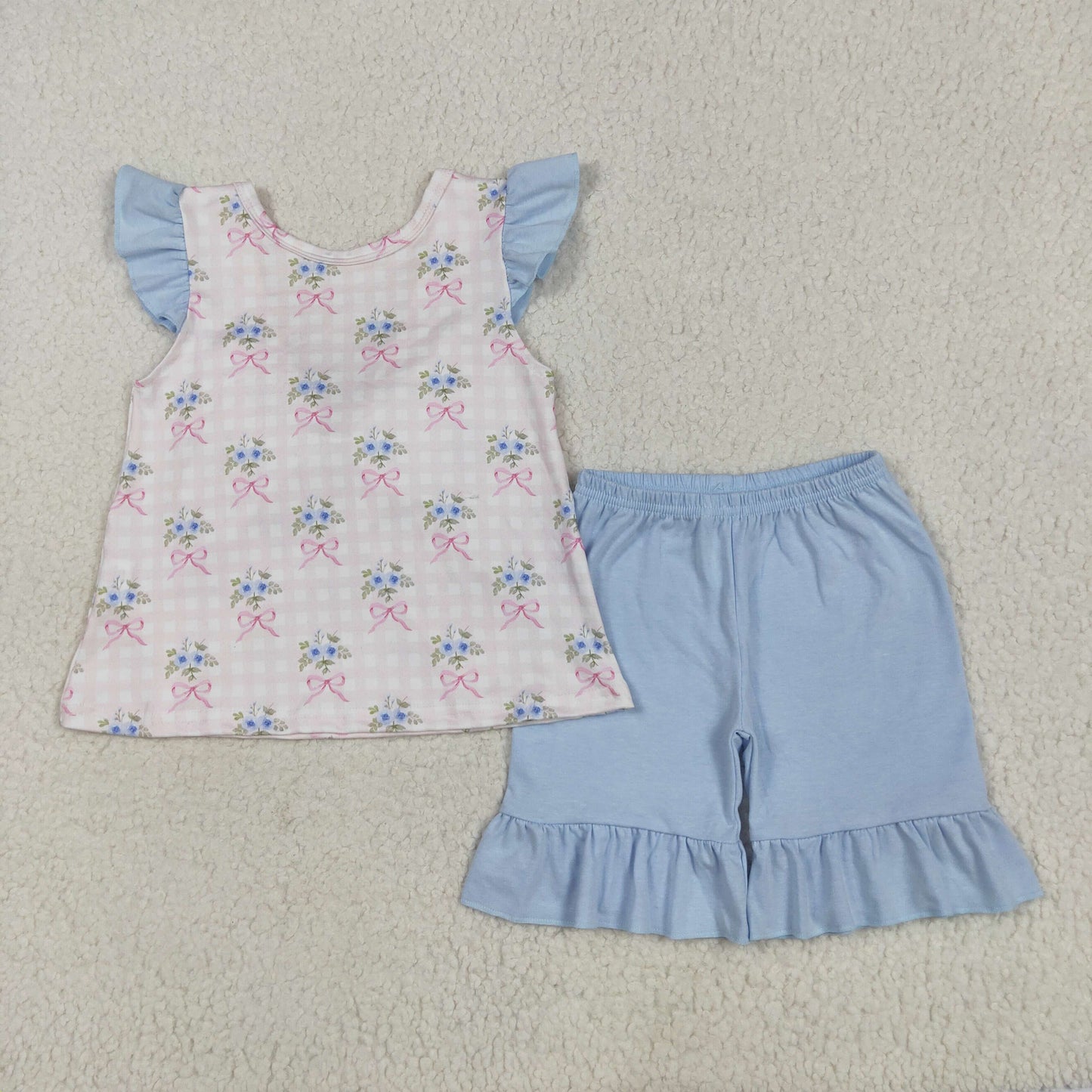 GSSO1577 Baby Girls Pink Checkered Bows Tunic Ruffle Shorts Clothes Set 5.17