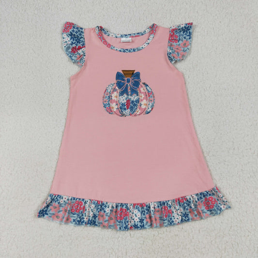 GSD2585 Embroidery Baby Girls Pink Flutter Sleeves Floral Pumpkin Ruffle Knee Length Dress 6.30