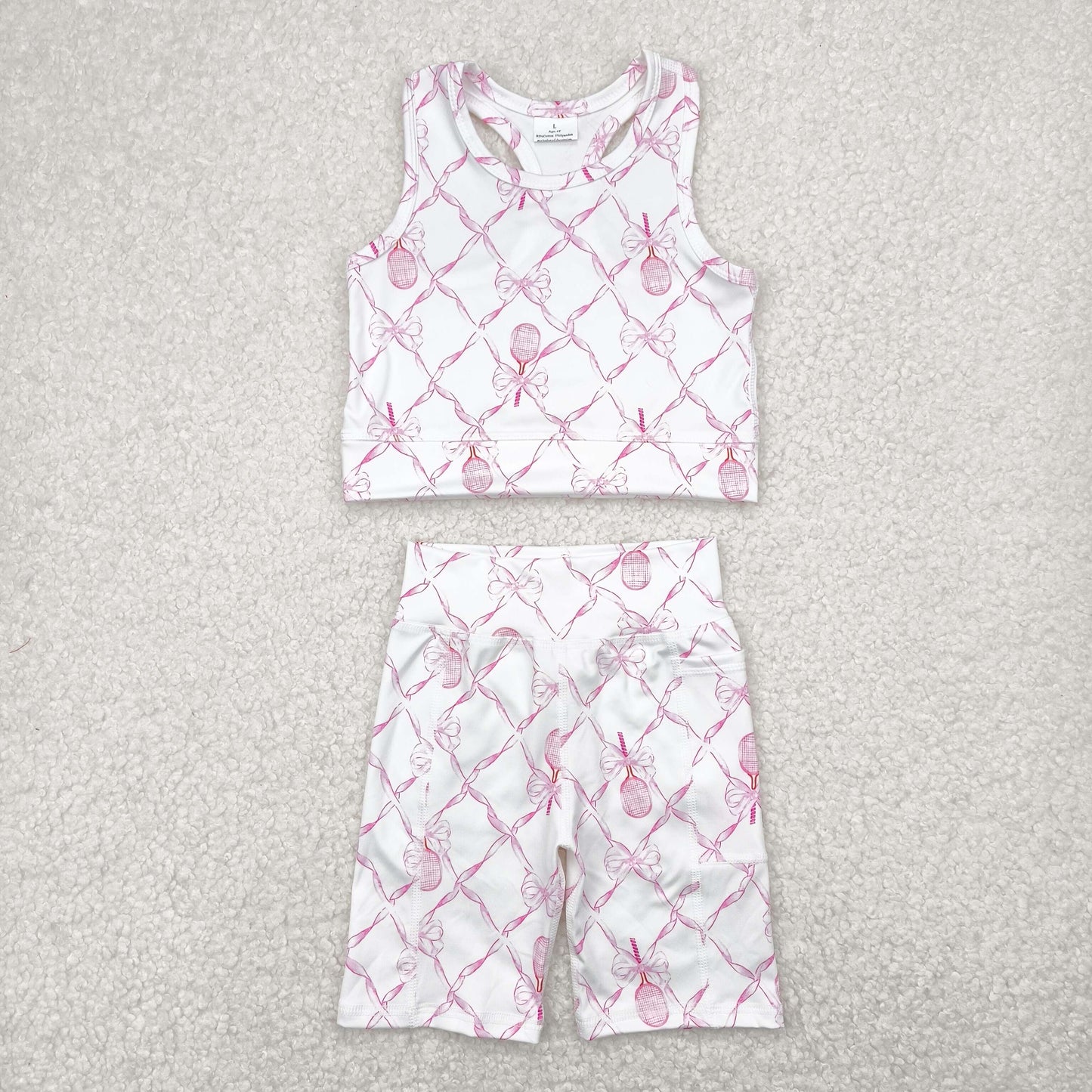 GT0883+SS0397 Baby Girls Pink Tennis Bow Yoga Vest Short Active Wear Clothes Set 4.30