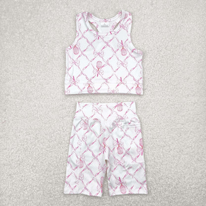 GT0883+SS0397 Baby Girls Pink Tennis Bow Yoga Vest Short Active Wear Clothes Set 4.30