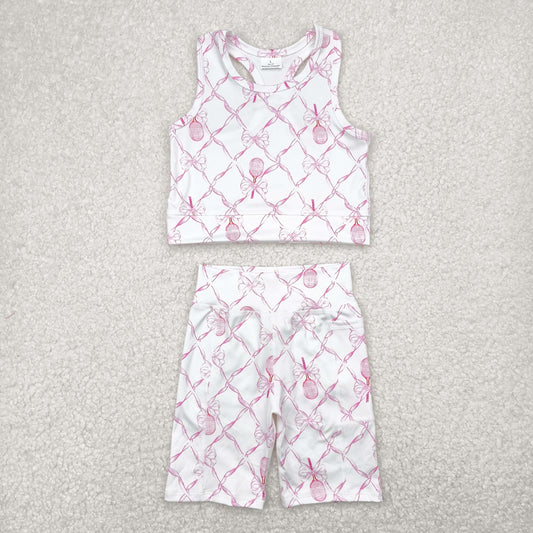 GT0883+SS0397 Baby Girls Pink Tennis Bow Yoga Vest Short Active Wear Clothes Set 4.30