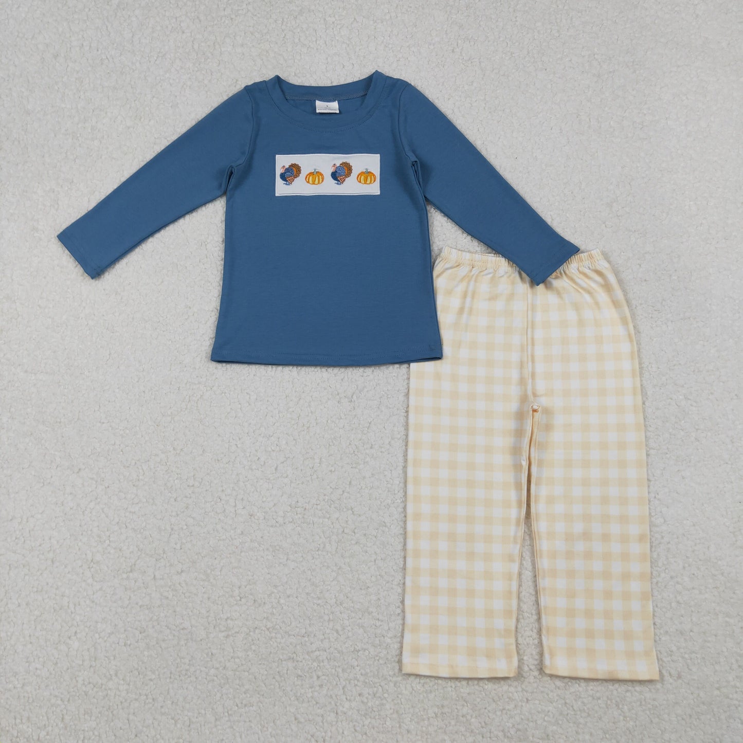 BLP1176 Embroidery Baby Boys Long Sleeves Turkey Pumpkins Top Plaid Pant Set C10.13