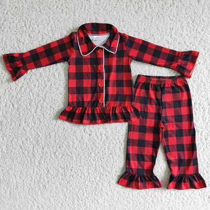 Sibling Baby Boys Girls Red Checked Button Pants Christmas Pajamas Sets C11.18