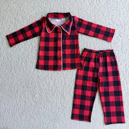 Sibling Baby Boys Girls Red Checked Button Pants Christmas Pajamas Sets C11.18