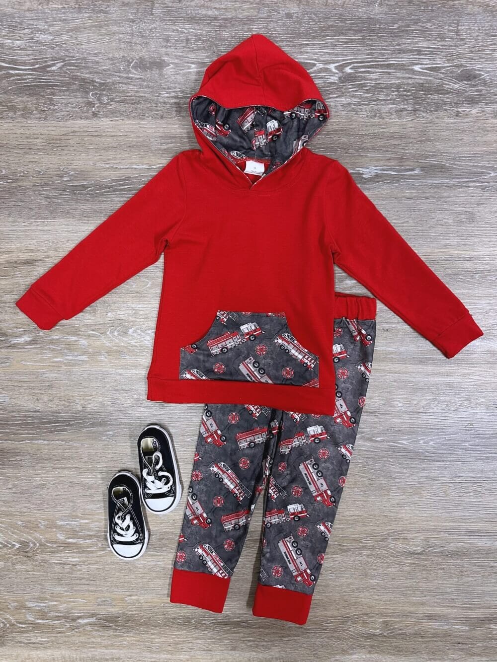 6 C8-2 Boys Red Fire Truck Hooded Outfits