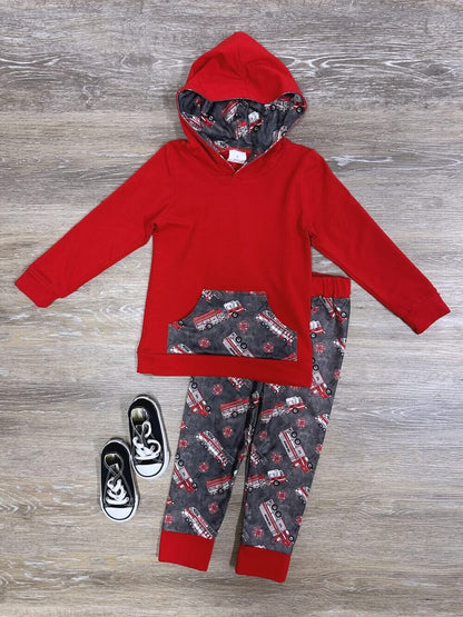 6 C8-2 Boys Red Fire Truck Hooded Outfits
