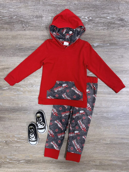 6 C8-2 Boys Red Fire Truck Hooded Outfits