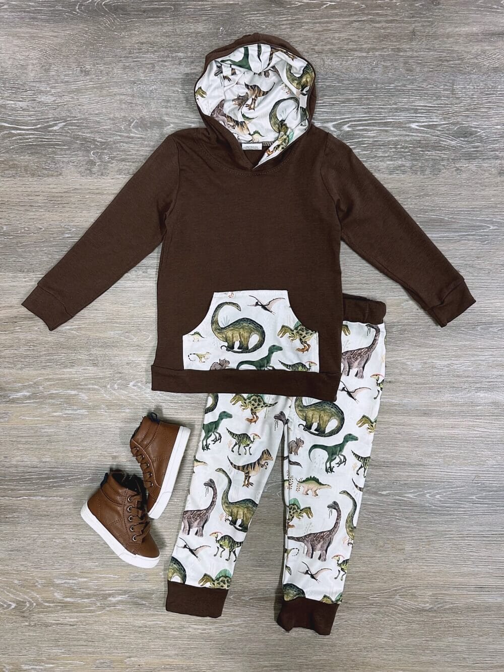 6 C8-22 Boys Brown Dinosaur Hooded Outfits