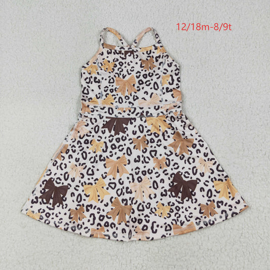 GSD2649 Baby Girls Strap Olive Bows Leopard Shorts Knee Length Dress 7.7