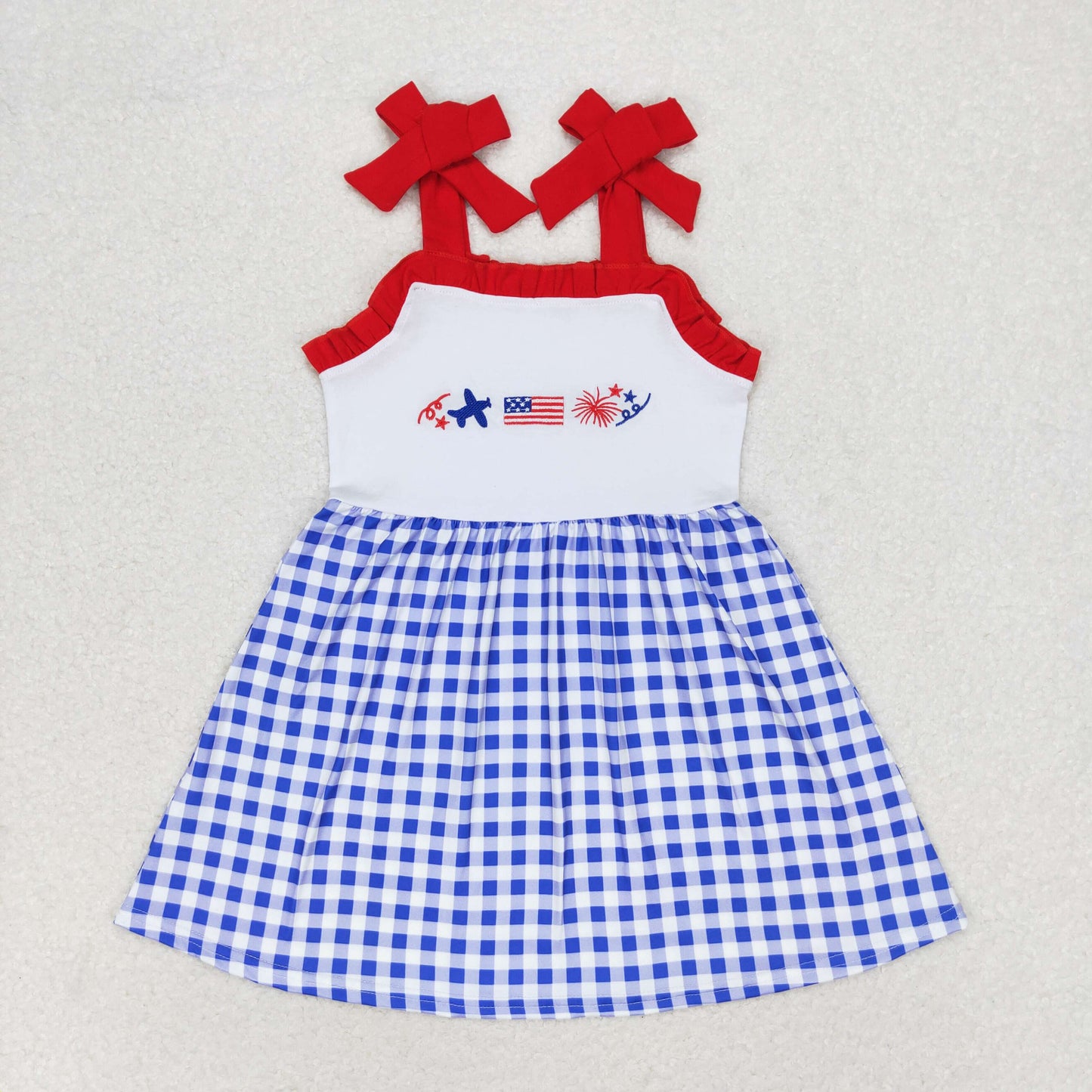 GSD0827 4th of July Embroidered aircraft Flag fireworks Red lace Blue and white checked halter dress